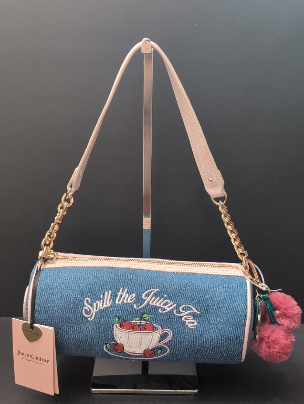 Juicy Couture 'Spill the Juicy Tea' Denim Barrel Bag in Light Pink.